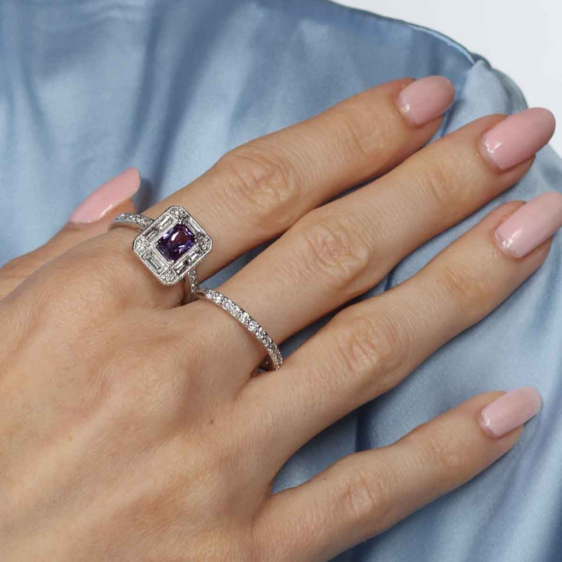 Rare Unheated Pinkish Purple Sapphire and Diamond Ring, 18K White Gold