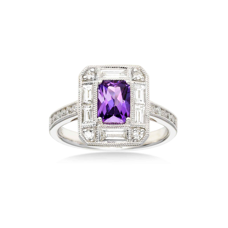 Rare Unheated Pinkish Purple Sapphire and Diamond Ring, 18K White Gold