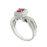 Square Ruby and Diamond Halo Ring, 14K White Gold