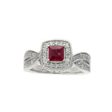 Square Ruby and Diamond Halo Ring, 14K White Gold