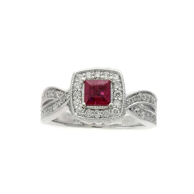 Square Ruby and Diamond Halo Ring, 14K White Gold