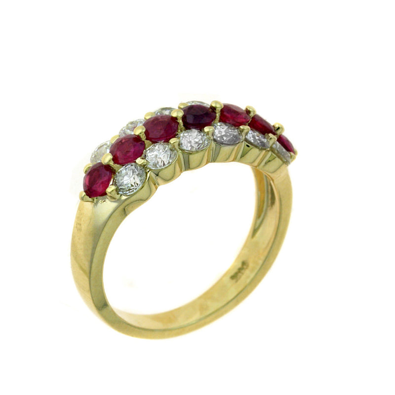 Three Row Ruby and Diamond Ring, 14K Yellow Gold