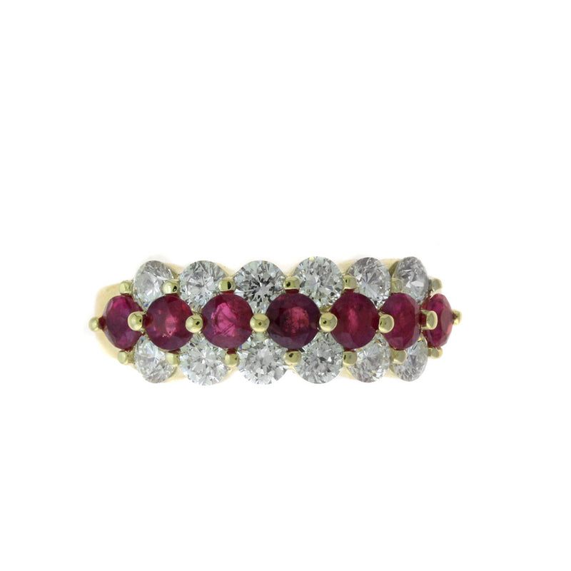Three Row Ruby and Diamond Ring, 14K Yellow Gold