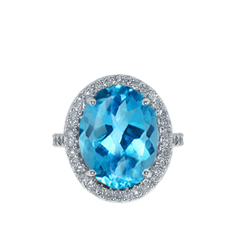 Large Oval Blue Topaz and Diamond Ring, 14K White Gold