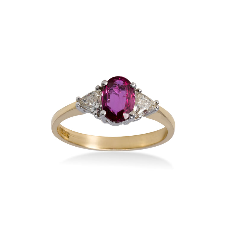 Three Stone Ruby and Diamond Ring, 14 Karat Gold