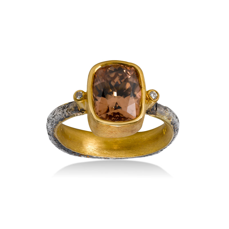 Bezel Set Mocha Zircon Ring, 22K Yellow Gold and Sterling Silver