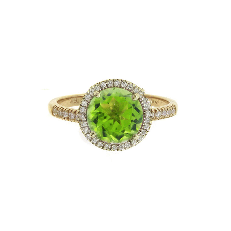 Round Peridot And Halo Ring, 14K Yellow Gold