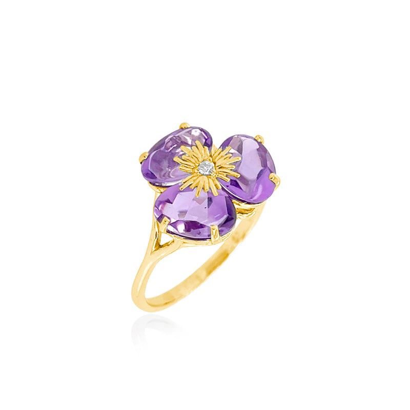 Amethyst Flower Pansy Ring, 18K Yellow Gold