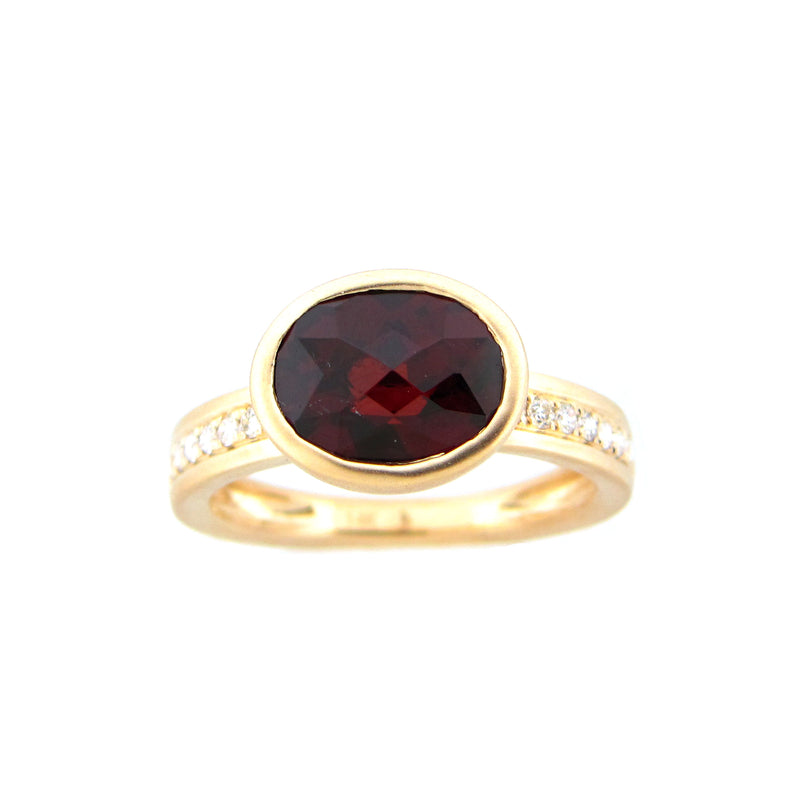 Bezel Set Garnet and Diamond Ring, 14K Yellow Gold