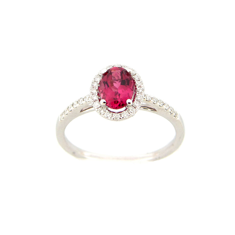 Pink Tourmaline and Diamond Halo Ring, 14K White Gold