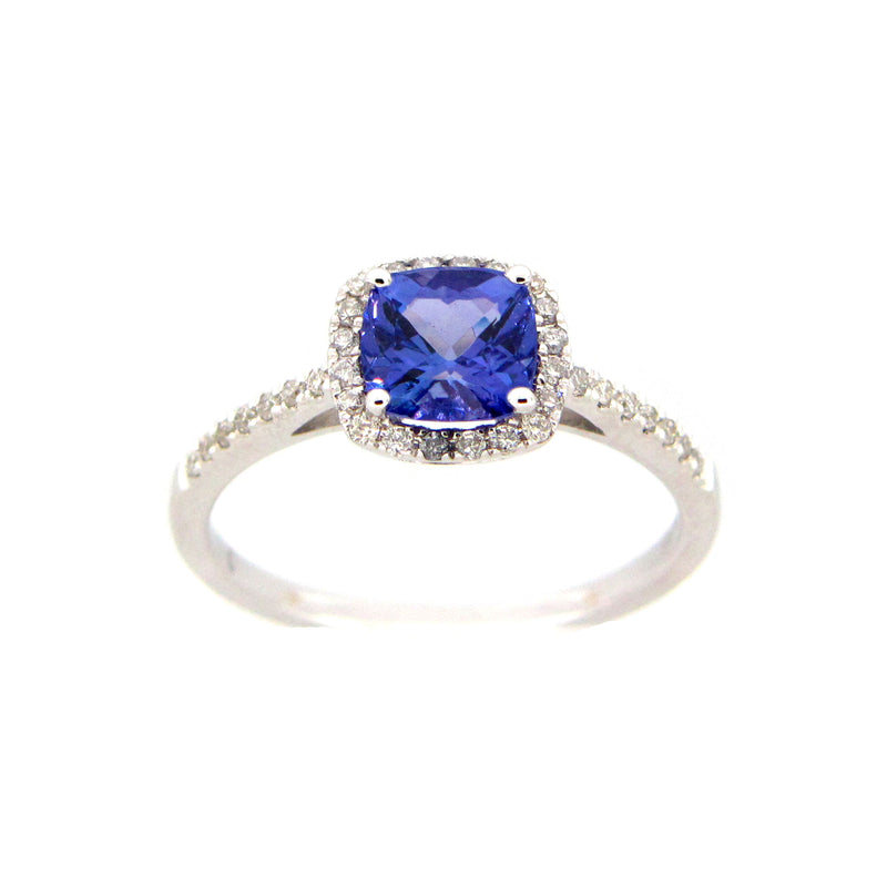 Cushion Shape Tanzanite and Diamond Halo Ring, 14K White Gold