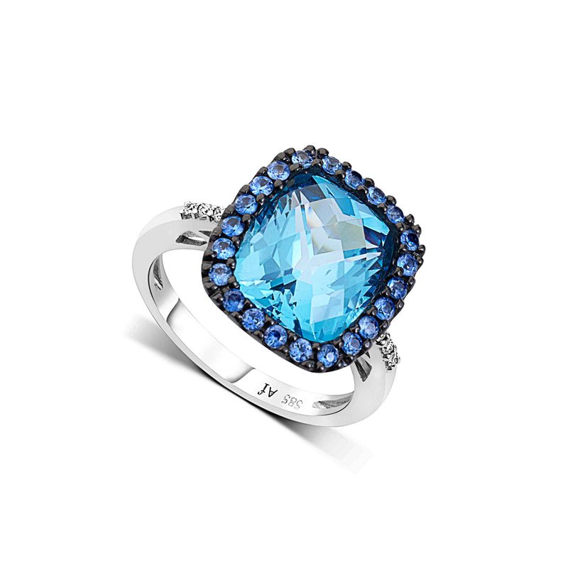 Cushion Cut Blue Topaz and Sapphire Ring, 14K White Gold