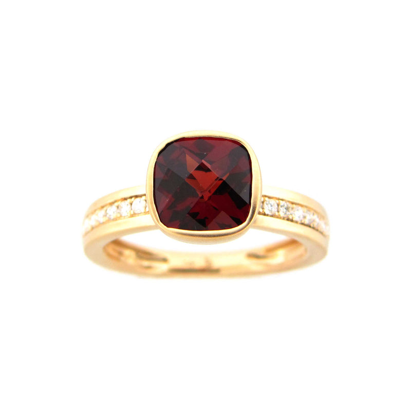 Cushion Shape Garnet and Diamond Ring, 14K Yellow Gold