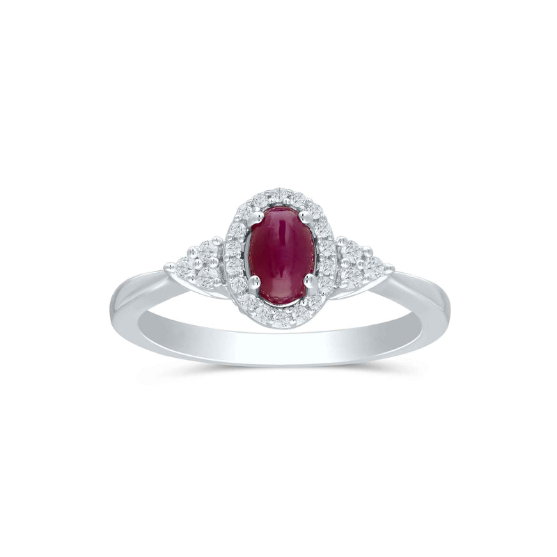 Ruby Cabochon and Diamond Ring, 14K White Gold
