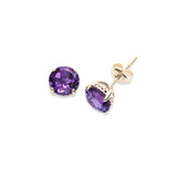 Round Amethyst Stud Earrings, 8 MM, 14K Yellow Gold