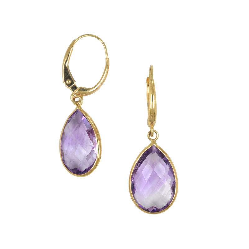 Pearshape Amethyst Drop Earrings, 14K Yellow Gold