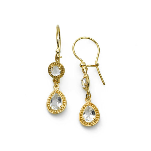 White Quartz Double Drop Earring, 14K Yellow Gold