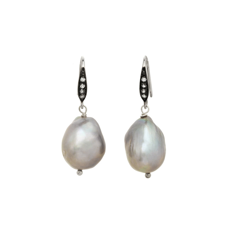 Grey Baroque Pearl and White Sapphire Drop Earrings, Sterling Silver