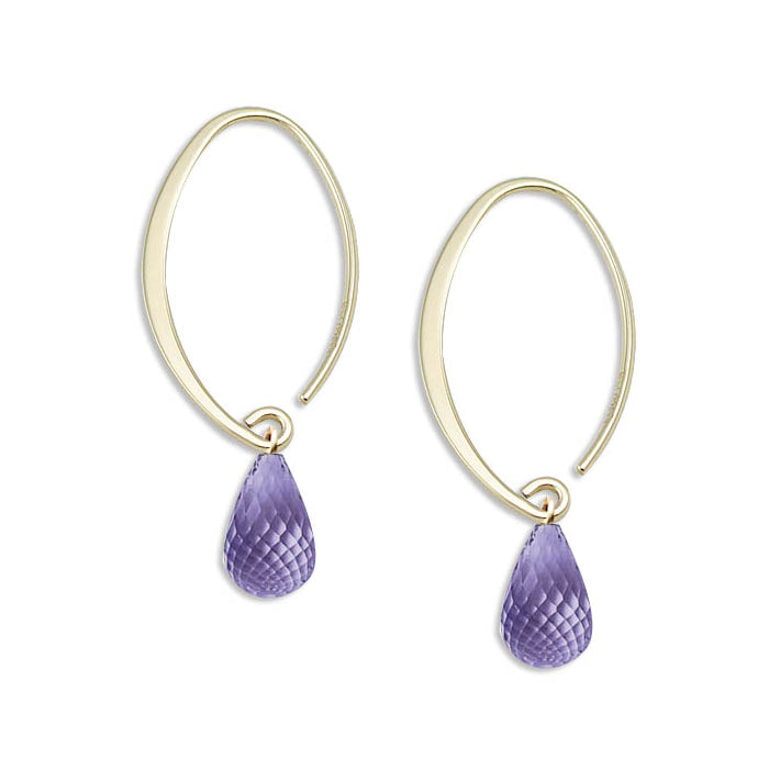Oval Hoop Earrings with Amethyst Briolette, 14K Yellow Gold
