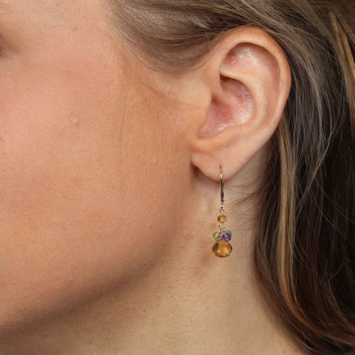 Amethyst and Multi Gemstone Dangle Earrings, 14K Yellow Gold