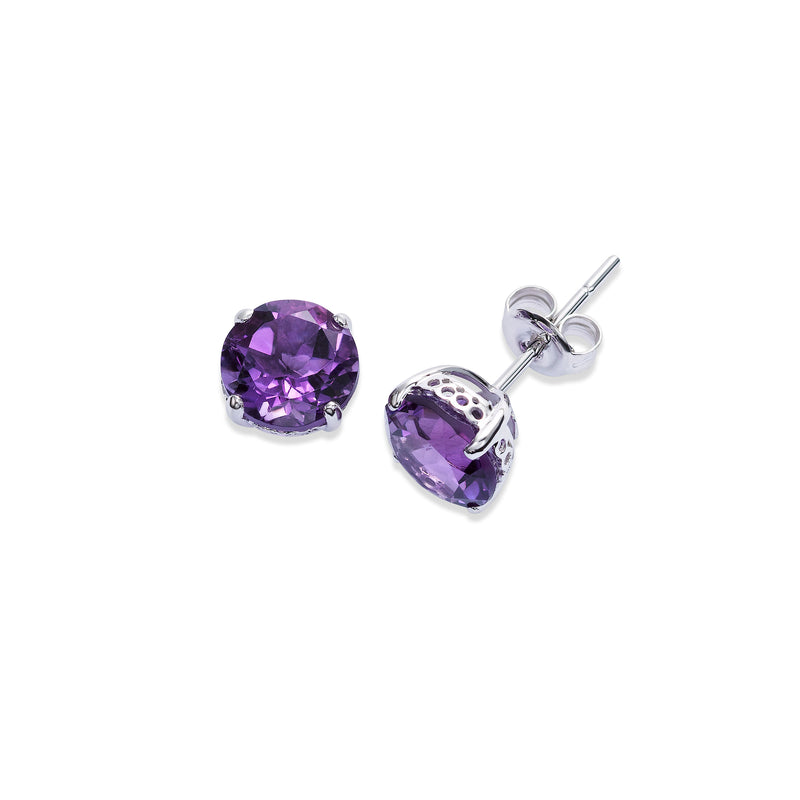 Round Amethyst Stud Earrings, 6 MM, 14K White Gold