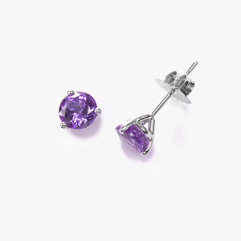 Three Prong Amethyst Stud Earrings, 6MM, 14K White Gold