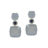 Blue Chalcedony and Dark Blue Quartz Dangle Earrings, White Vermeil