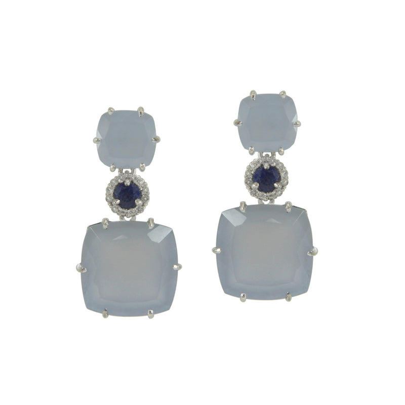Blue Chalcedony and Dark Blue Quartz Dangle Earrings, White Vermeil