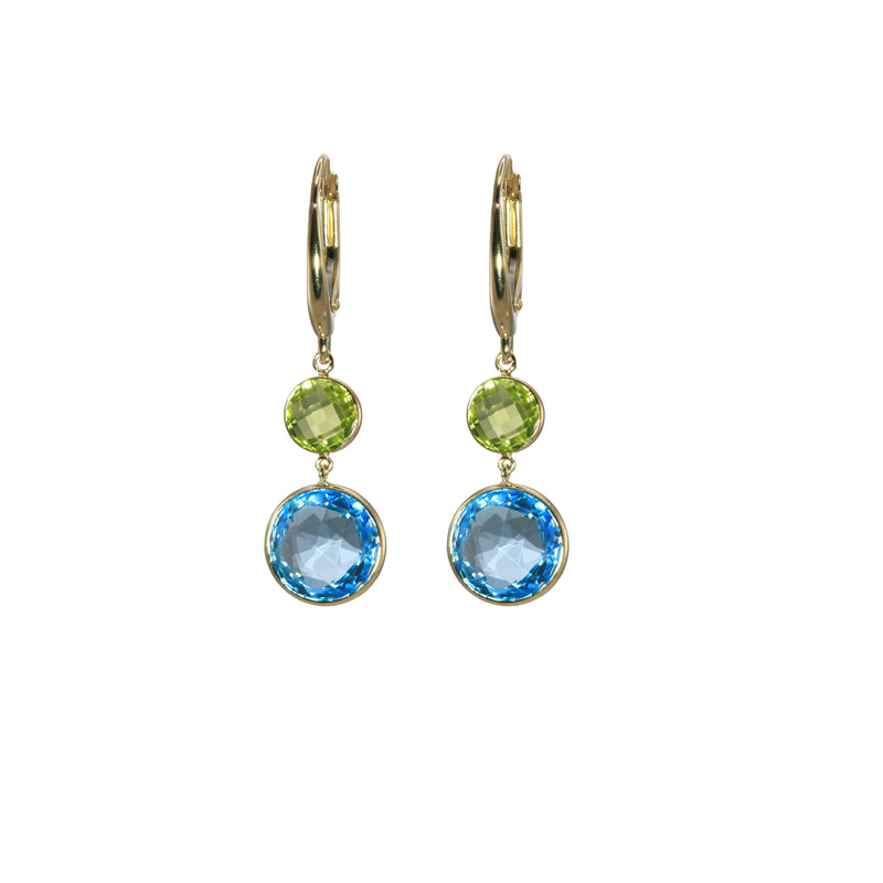 Swiss Blue Topaz and Peridot Dangle Earrings, 14K Yellow Gold
