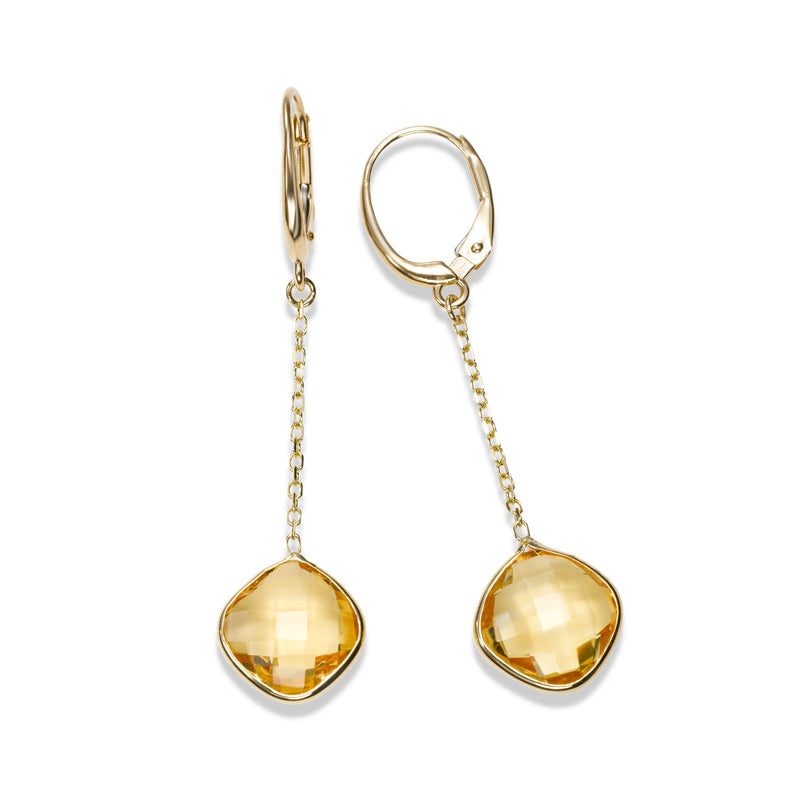 Cushion Cut Citrine Dangle Earrings, 14K Yellow Gold