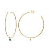 Large Hoop Earrings with Blue Enamel Dangle, 1.60 Inches, 14K Yellow Gold