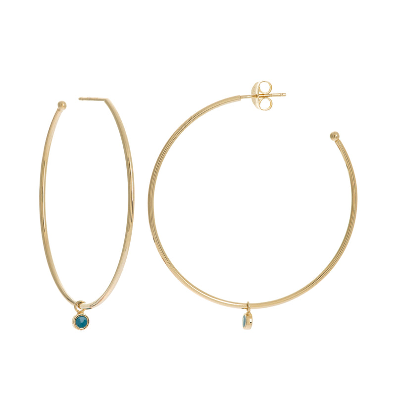 Large Hoop Earrings with Blue Enamel Dangle, 1.60 Inches, 14K Yellow Gold