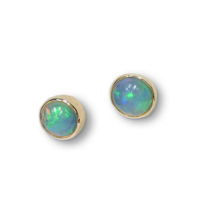 Round Ethiopian Opal Button Earrings, 14K Yellow Gold