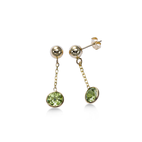 Bezel Set Round Peridot Dangle Earrings, 14K Yellow Gold