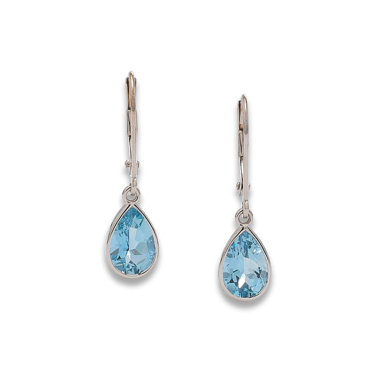 Pear Shape Aquamarine Dangle  Hoops, 14K White Gold