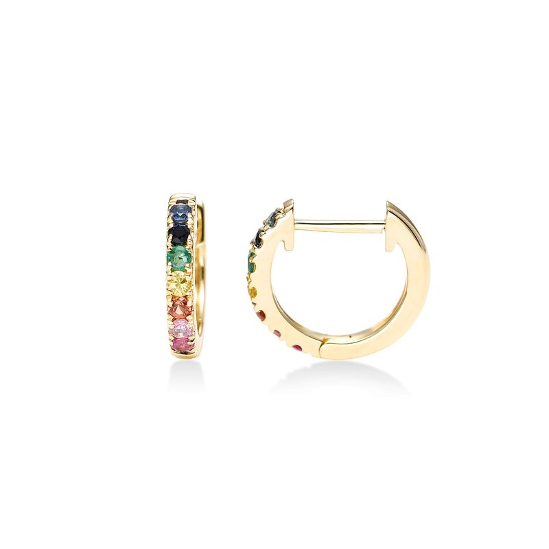 Multi Gemstone Huggie Hoop Earrings, 14K Yellow Gold