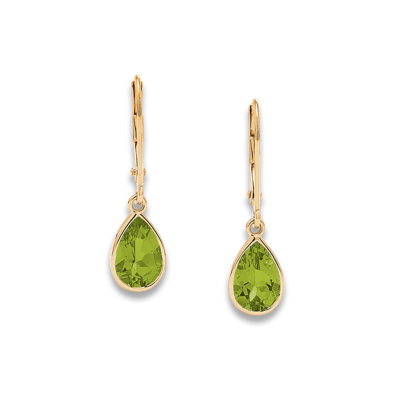 Pear Shape Peridot Dangle  Hoops, 14K Yellow Gold