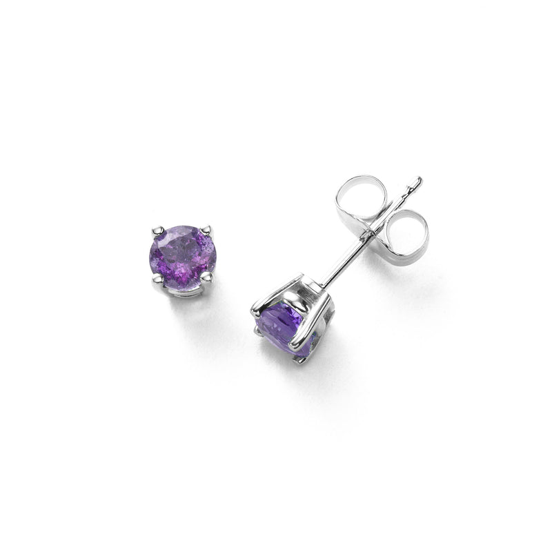 Round Amethyst Stud Earrings, 4 MM, 14K White Gold