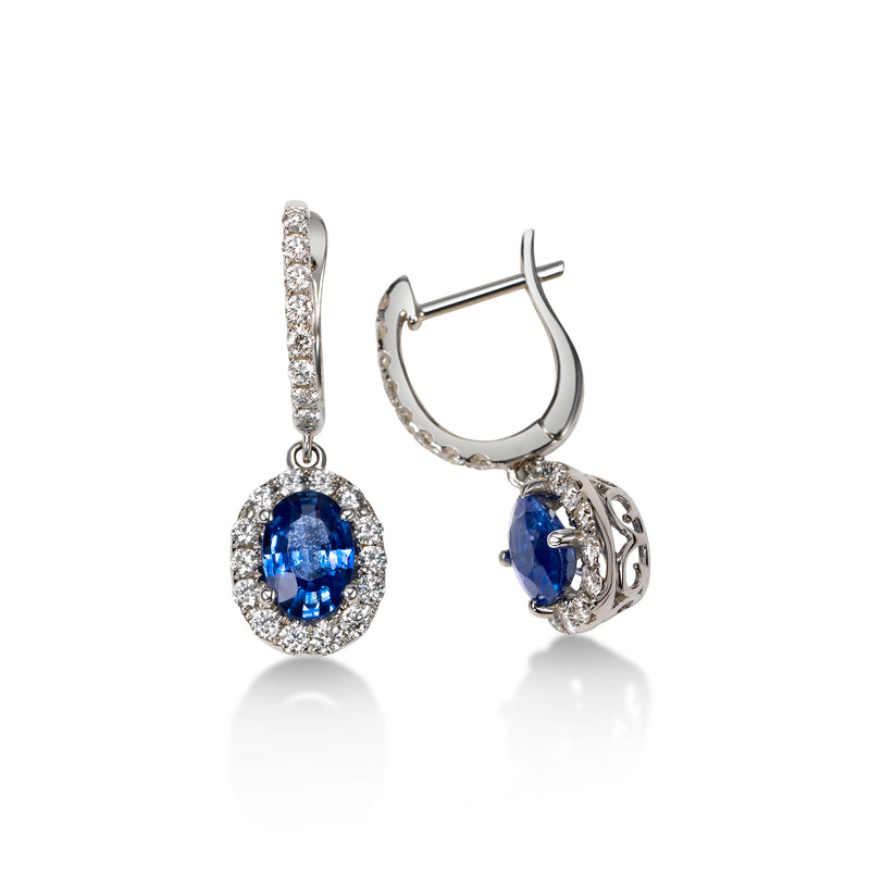 Oval Sapphire and Diamond Drop Earrings, 14K White Gold