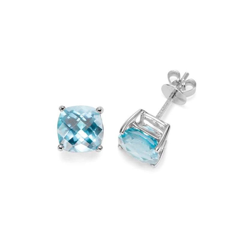 Cushion Cut Aquamarine Stud Earrings, 14K White Gold