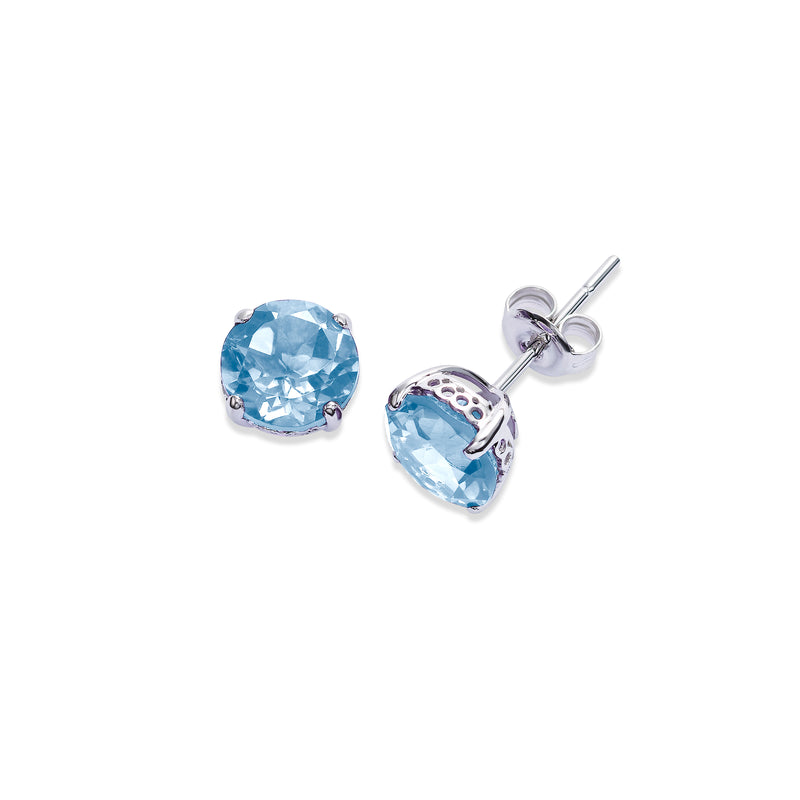 Round Blue Topaz 8MM Stud Earrings, 14K White Gold