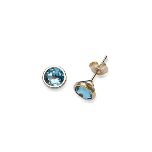 Bezel Set Blue Topaz Stud Earrings, 6MM, 14K Yellow Gold