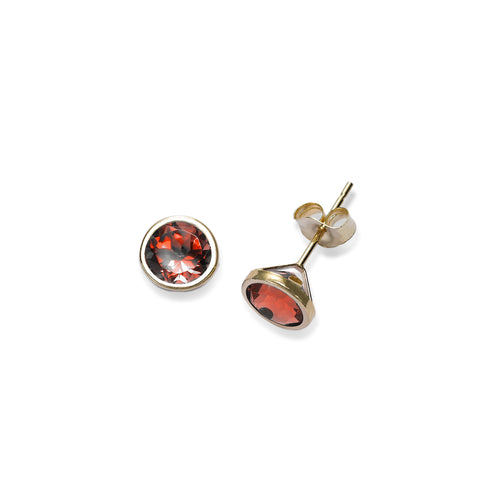 Bezel Set Garnet Stud Earrings, 6MM, 14K Yellow Gold