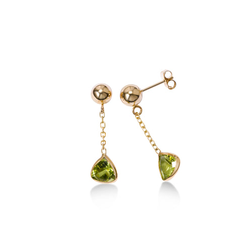 Triangular Bezel Set Peridot Dangle Earrings, 14K Yellow Gold