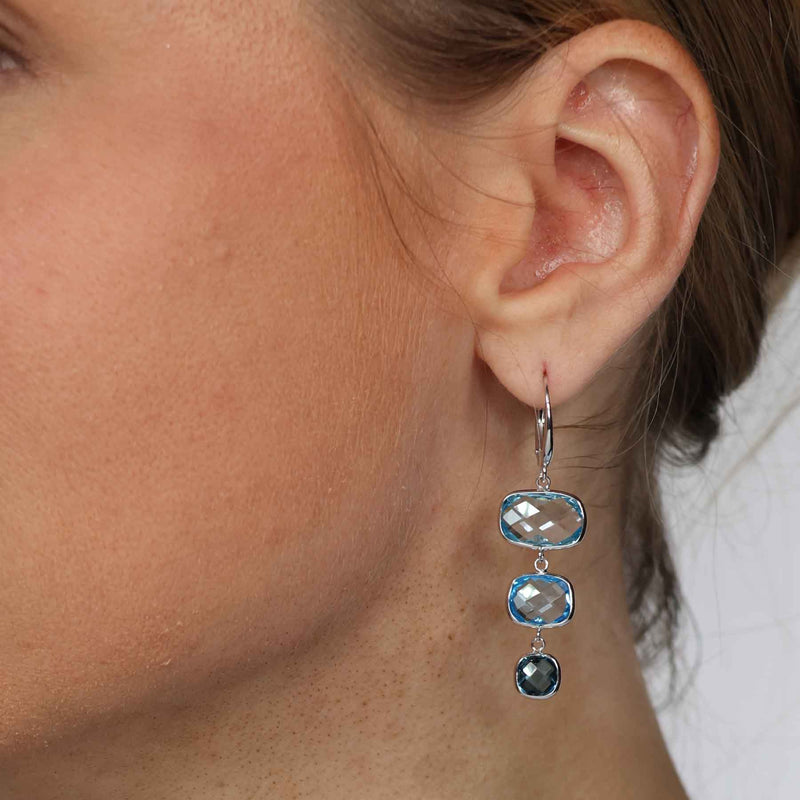 Faceted Blue Topaz Dangle Earrings, 14K White Gold