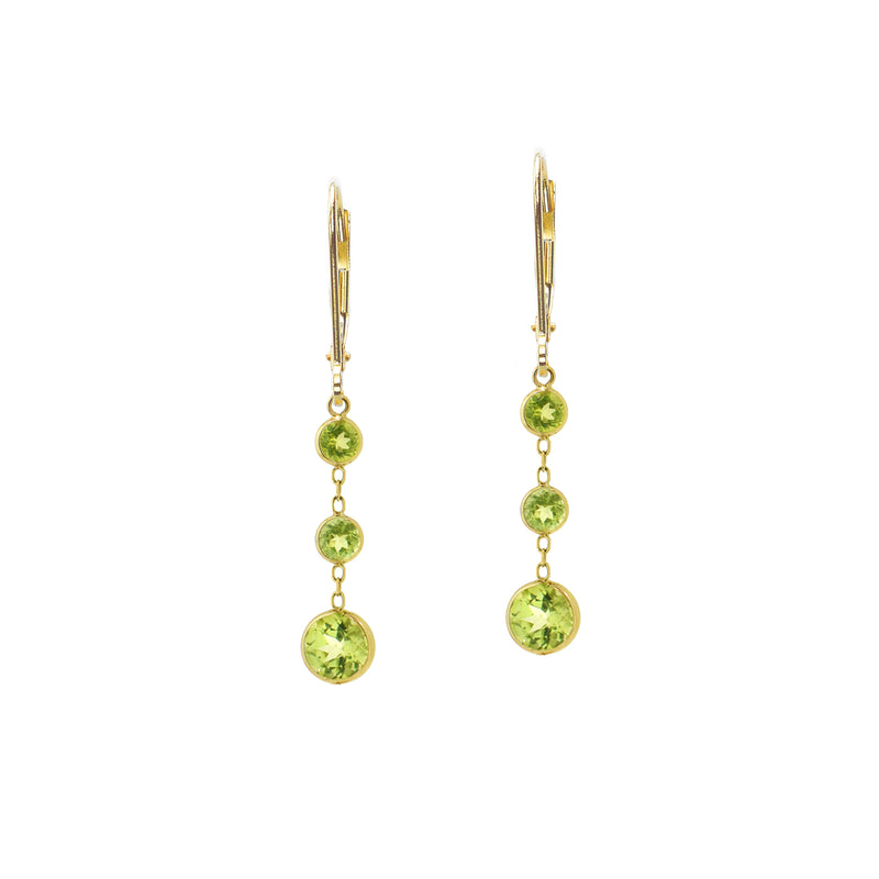 Peridot Three Stone Dangle Earrings, 14K Yellow Gold
