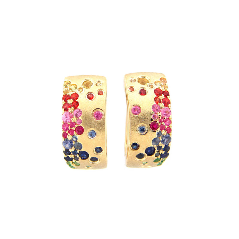 Rainbow Gemstone Hoop Earings, 14K Yellow Gold