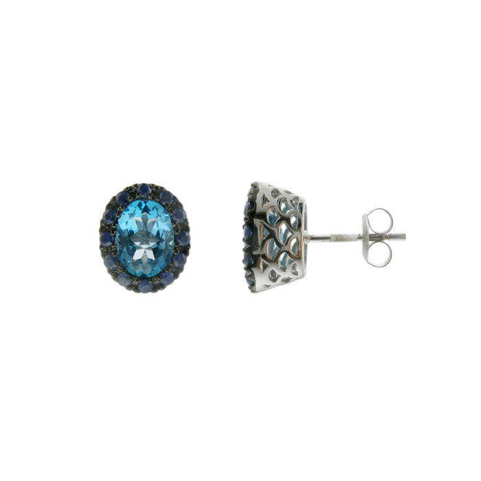 Oval Blue Topaz and Blue Sapphire Earrings, 14K White Gold