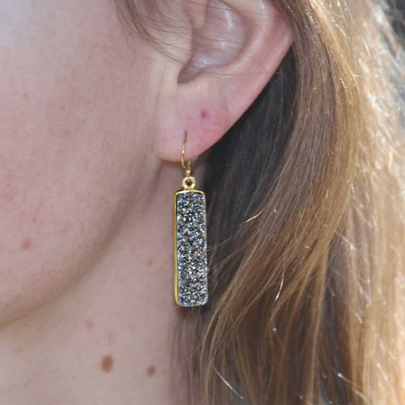 Rectangular Black Druzy Dangle Earrings, Yellow Gold Plating