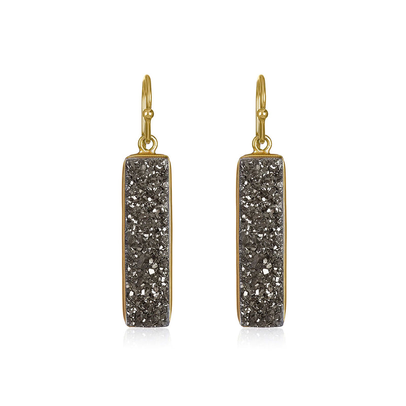 Rectangular Black Druzy Dangle Earrings, Yellow Gold Plating